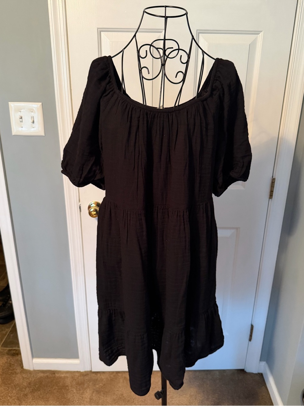 Old Navy Black Gauze Tiered Puff Sleeve Square Neck Mini Dress XS